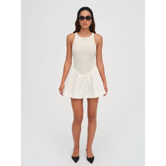 For Love & Lemons Billie Pointelle Mini Dress in Cream Drop Waist Poplin Knit - Picture 9 of 15